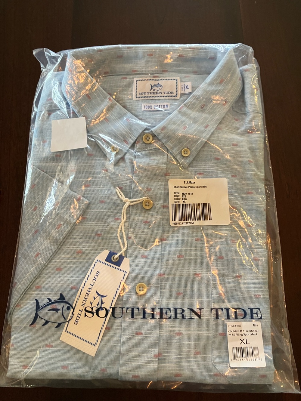 Southern Tide Light Blue Short-Sleeve Button-Down Polo with Red Flecks
